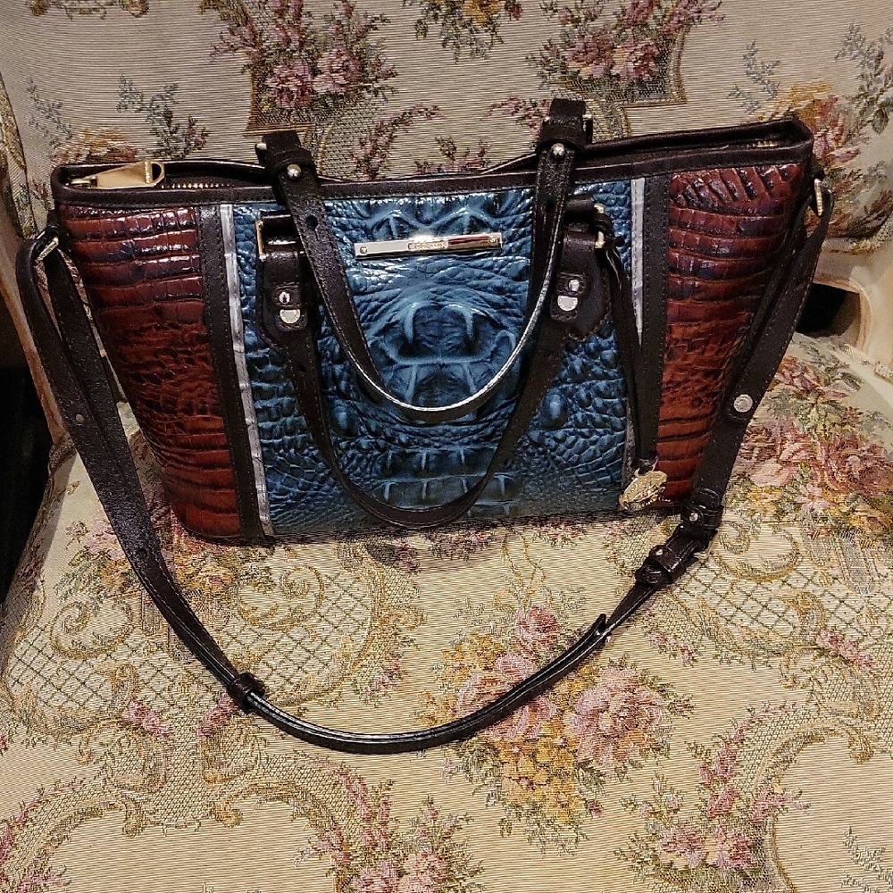 Brahmin Blue and Brown Croc-Embossed Tote
